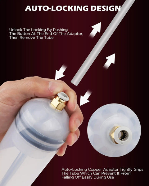 Close-up of 200Cc No Sweat Fluid Extractor Pump featuring auto-locking design and silicone tube for fluid extraction.