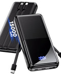 Ultra Slim 15000mAh Power Bank With Built In iOS And Type C Cables, Multiport Charger With USB A, Type C, Micro Outputs, pocket-size black power bank with display