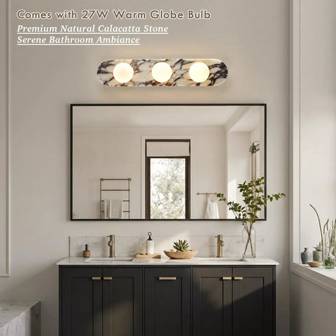 Natural Marble Bathroom Vanity Light, Alabaster 3-Light Wall Sconce mounted above a mirror in a bathroom setting.