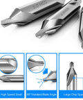 Front view of a 7-piece center drill bit set, M2 high-speed steel, 60-degree angle, sizes 1.0–5.0 mm