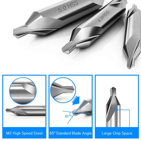 Front view of a 7-piece center drill bit set, M2 high-speed steel, 60-degree angle, sizes 1.0–5.0 mm