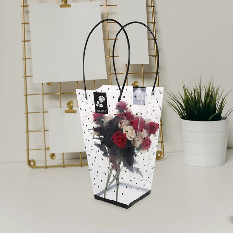Plastic Bouquet Bags With Handles For Flower Packaging displaying a rose bouquet, perfect for gifting on V Day and Mom's Day.