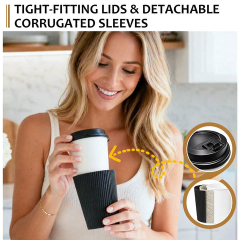 Woman holding 50 Pack 12 Oz Disposable Coffee Cups With Lids And Straws Insulated To Go Paper Cups With Detachable Corrugated Sleeves