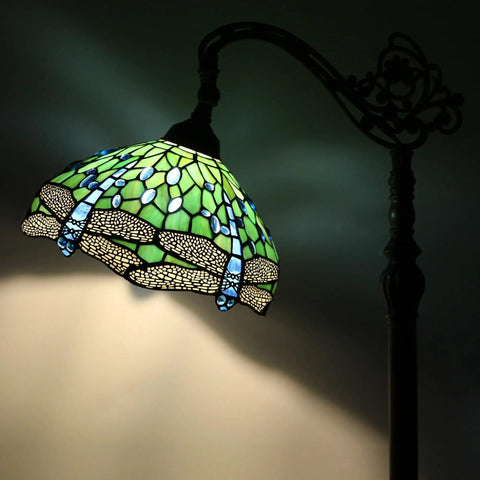 Stained Glass Tiffany Floor Lamp With Arched Gooseneck Adjustable Angle Reading Light In Green Dragonfly Glass