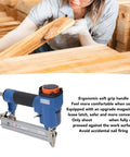 Heavy Duty Pneumatic Stapler With 100 Nail Capacity ergonomic soft grip air powered finish nailer in use for woodwork.