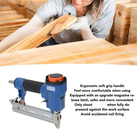 Heavy Duty Pneumatic Stapler With 100 Nail Capacity ergonomic soft grip air powered finish nailer in use for woodwork.
