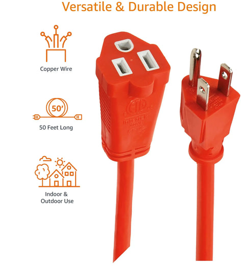 Heavy Duty 50-Foot Indoor Outdoor Extension Cord With 3 Prong Grounded Plug, 13 Amp 125V 1625W Copper Wire, Vinyl Coated, Orange, ETL Certified