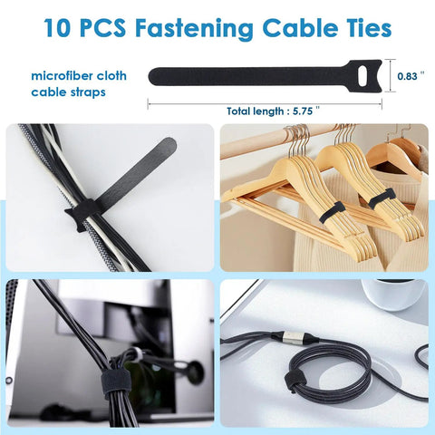 10 PCS self adhesive cable clips and wire management system for desks and screens, displayed organizing cords on desk and screens.