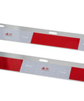 Slick Chrome Straight Spring Loaded Mud Flap Hanger With Two Point Five Bolt Spacing And Thirty Inch Length Featuring Thirteen Inch Extended Heavy Coil Spring For Super Smooth Big Rig Hauling Plus Two Bright Safety Reflex Plates, red and white reflective safety plates.