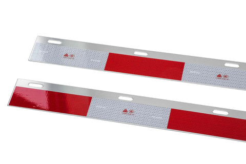Slick Chrome Straight Spring Loaded Mud Flap Hanger With Two Point Five Bolt Spacing And Thirty Inch Length Featuring Thirteen Inch Extended Heavy Coil Spring For Super Smooth Big Rig Hauling Plus Two Bright Safety Reflex Plates, red and white reflective safety plates.