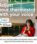 Person sitting on couch adjusting Smart WiFi Thermostat With App Control For Alexa And Google Assistant using voice command.