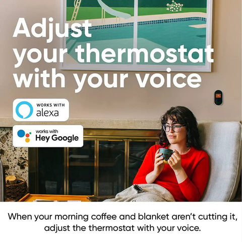 Person sitting on couch adjusting Smart WiFi Thermostat With App Control For Alexa And Google Assistant using voice command.