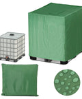 Green 275 Gallon IBC Tote Cover Slick Waterproof Hood Hella Durable Sunshade For Garden Rain Water Tank with detailed view.