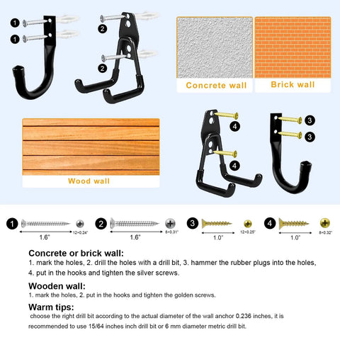 Heavy Duty Wall Garage Hooks Set Steel Anti Slip Utility Hangers For Ladders Bikes Hose Garden Tools Coats And Gear Rustproof Includes Mounting Hardware Black 10 Pack installation instructions for concrete, brick, and wood walls.