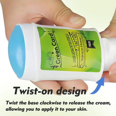 Hand holding Green Card deodorant with twist-on design, part of Tattoo Practice Skin Kit For Beginners And Pros With Transfer Paper Gel Ink Cups Grip Tapes Stencil Sheets And Practice Skins A Complete 344 Piece Starter Set To Level Up Your Tattoo Designs.
