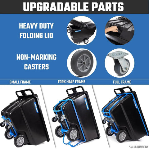 Tilt Dump Cart With Covered 1 Cu Yd Capacity, Heavy Duty 12-Inch Wheels And 5-Inch Casters, showing upgradable parts such as wheels and frame options.