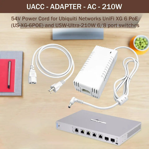 Drop-In 54V 3.9A 210W Power Adapter For UniFi XG 6 PoE Gear, Plug-And-Play Replacement White Power Supply For US-XG-6POE And USW-Ultra-210W 6/8-Port Switches, white adapter with AC cord