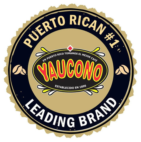 Circular Yaucono coffee logo with 'Puerto Rican #1 Leading Brand' text, featuring coffee beans and 1896 establishment year.