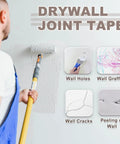 Person applying drywall joint tape with roller, highlighting repair uses for wall holes, graffiti, cracks, and peeling.