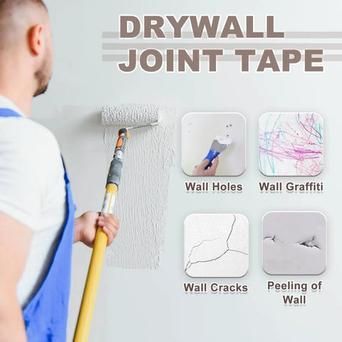 Person applying drywall joint tape with roller, highlighting repair uses for wall holes, graffiti, cracks, and peeling.