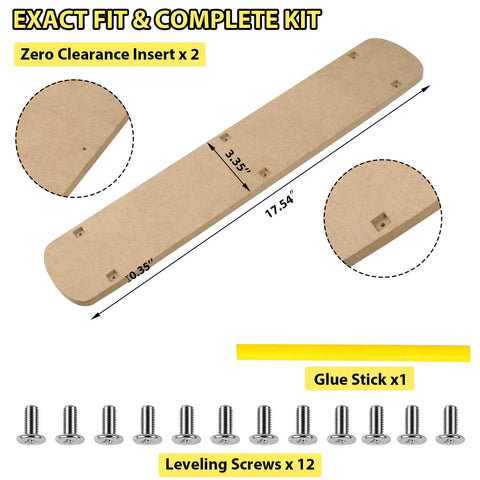 Zero Clearance Insert For 12 Inch Sliding Compound Miter Saws Replacement Throat Plate Pro Grade For Clean Cuts And No Tear Out Fits DWS779 DWS780 DWS782 DHS780 DHS790 2 Pack with dimensions and screws shown
