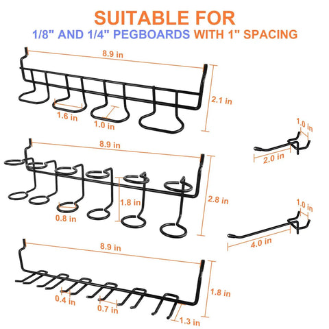 Sixteen Piece Pegboard Hook Set That Fits One Eighth And One Quarter Inch Boards With A Two Prong Grab Design shown in various metal hook styles