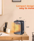 Tiny But Mighty 1500W PTC Ceramic Space Heater with Thermostat on desk, dimensions 6.3" x 8.66" x 4.73", compact design