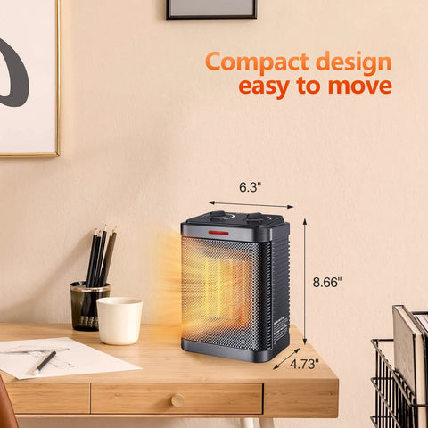 Tiny But Mighty 1500W PTC Ceramic Space Heater with Thermostat on desk, dimensions 6.3" x 8.66" x 4.73", compact design