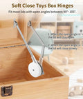 Two Pack Soft Close Toy Box Hinges With Adjustable Lid Dampers For Cedar Storage Trunks And Benches installed on a wooden box lid