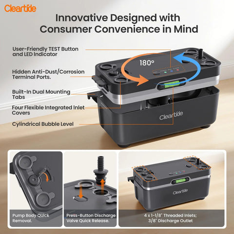 Front view of Cleartide condensate pump for HVAC; dark gray, 135 GPH, 1/30 HP, safety switch.