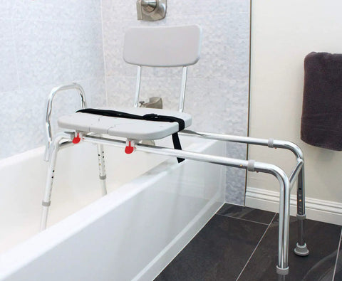 Sliding Transfer Bench With Replaceable Cutout Seat, Heavy Duty Shower Chair in bathtub, easy wheelchair transfers, no tool setup