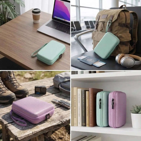 Road Trip Ready Hard Shell Electronics Organizer Case For Macbook Chargers Adapters Cables Power Bank Usb Drives Sd Cards And Tech Gears With Shockproof Protection Green Bag on desk next to laptop.