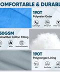 Lightweight Adult Sleeping Bag For Camping And Backpacking, Water Resistant And Machine Washable, Three Season Comfort From 50 To 80 F, Perfect For Spring Summer And Fall Trips, Long 7 Foot Length For Tall Hikers, Totally Cozy Blue displaying features of polyester outer, hollowfiber fill, and polypongee lining
