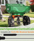 Lawn Spreader Control Cable Replacement For Mini Broadcast Spreader, 21 Inch Length, Spreader Locking Lever Pull Cable, Compatible With Mini Push Lawn Fertilizer Spreader and Scotts Mini Broadcast Spreader, shown alongside spreader in use on lawn.