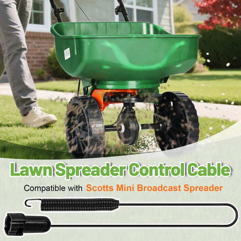 Lawn Spreader Control Cable Replacement For Mini Broadcast Spreader, 21 Inch Length, Spreader Locking Lever Pull Cable, Compatible With Mini Push Lawn Fertilizer Spreader and Scotts Mini Broadcast Spreader, shown alongside spreader in use on lawn.