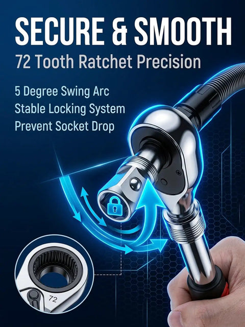 Close-up of 72-tooth ratchet with locking system from Half Inch Flexible Shaft Extension Kit For Tight Spots That Grabs Hard To Reach Areas Bendable Torque Socket Wrench Extension Ratchet Drive Bar With Spring Steel Flex Reach Tool Long Connecting Rod Drill Adapter For Hard To Reach Areas 10 Inch 14 Inch.