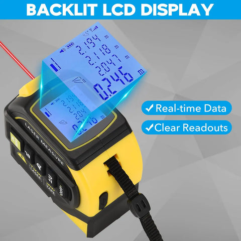 4 In 1 Laser Tape Measure All In One With 131Ft Laser Distance Meter 16Ft AutoLock Tape Cross Line Laser Level Pro Grade Dual Axis Electronic Angle LCD Display Built For DIY And Construction Projects backlit LCD display