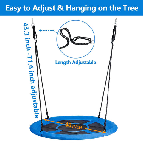 40 Inch Flying Saucer Tree Swing for Backyard Fun and Playground Action, showing adjustable hanging ropes length measurement.