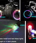 4 Pack LED Bike Wheel Valve Cap Lights Waterproof Tire Valve Stems Flashy Lights For Cars Bicycles And Motorcycles Night Safety Reflectors Spoke Accessories lit on motorcycle and bicycle wheels in dark setting