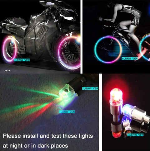 4 Pack LED Bike Wheel Valve Cap Lights Waterproof Tire Valve Stems Flashy Lights For Cars Bicycles And Motorcycles Night Safety Reflectors Spoke Accessories lit on motorcycle and bicycle wheels in dark setting
