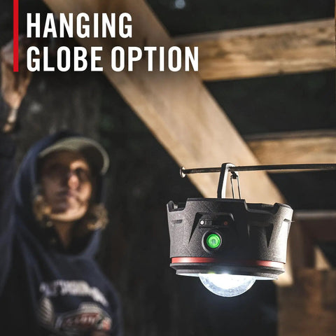 Rechargeable Emergency Camping Lantern With 2500 Lumens Beast Mode Brightness hanging from wooden beam outdoors