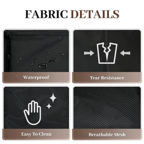 Fabric details of Must Have Beach Backpack With Wet Pocket And Waterproof Zipper Drawstring Mesh Bag showing waterproof, tear resistance, easy clean, breathable mesh icons.