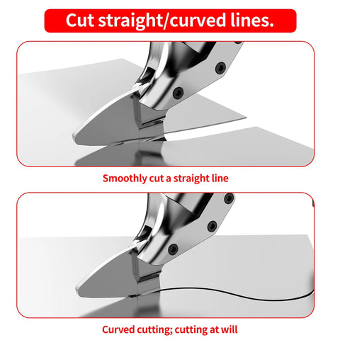 Powerful 21V Cordless Electric Metal Shears cutting straight and curved lines on sheet metal