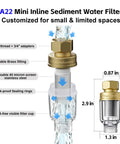 Space Saver Brass Sediment Filter 50 Micron Reusable Water Filter Anti Scale Yellow Traps Rust Mud Sand Compact Portable For Tight Spaces Apartments Travel Half Inch Connections with labeled features