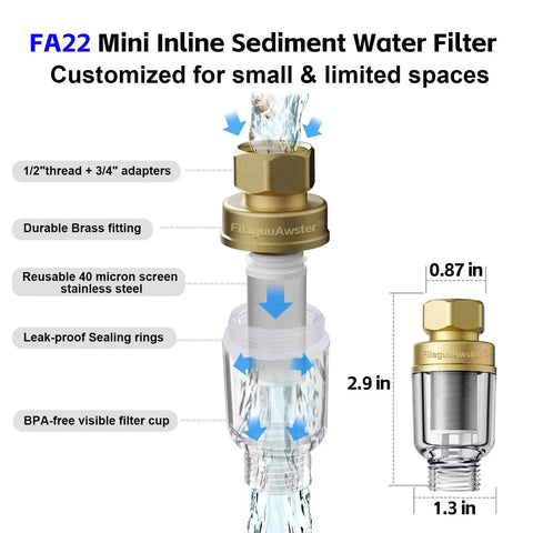 Space Saver Brass Sediment Filter 50 Micron Reusable Water Filter Anti Scale Yellow Traps Rust Mud Sand Compact Portable For Tight Spaces Apartments Travel Half Inch Connections with labeled features