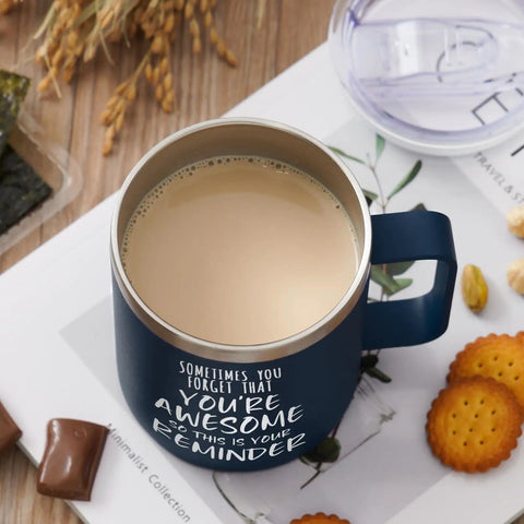 14oz Vacuum Insulated Stainless Steel Coffee Mug For Men With The Message You Are Awesome Daily Motivation Gift Navy Blue