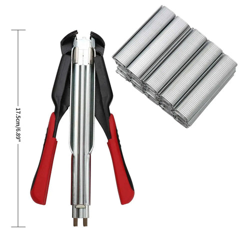 Spring Loaded Hog Ring Pliers Kit With 2500 Hog Rings For Fencing Chicken And Rabbit Cages Pet Enclosures Bag Seals And Car Interior Repairs Quick Install Pro Grade Heavy Duty Stainless Steel Tool Set, showing pliers and rings