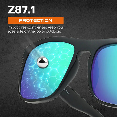 Job Site Tough Z87.1 Safety Sunglasses For Men Featuring Polarized Lenses And UV400 Shielding with impact-resistant lenses.