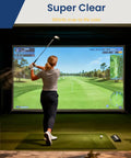 Person playing golf in front of Golf Simulator Impact Screen With Triple Layer 3D Air Mesh For HD Visuals Indoor And Outdoor Practice.