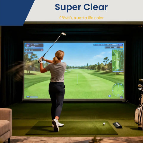 Person playing golf in front of Golf Simulator Impact Screen With Triple Layer 3D Air Mesh For HD Visuals Indoor And Outdoor Practice.